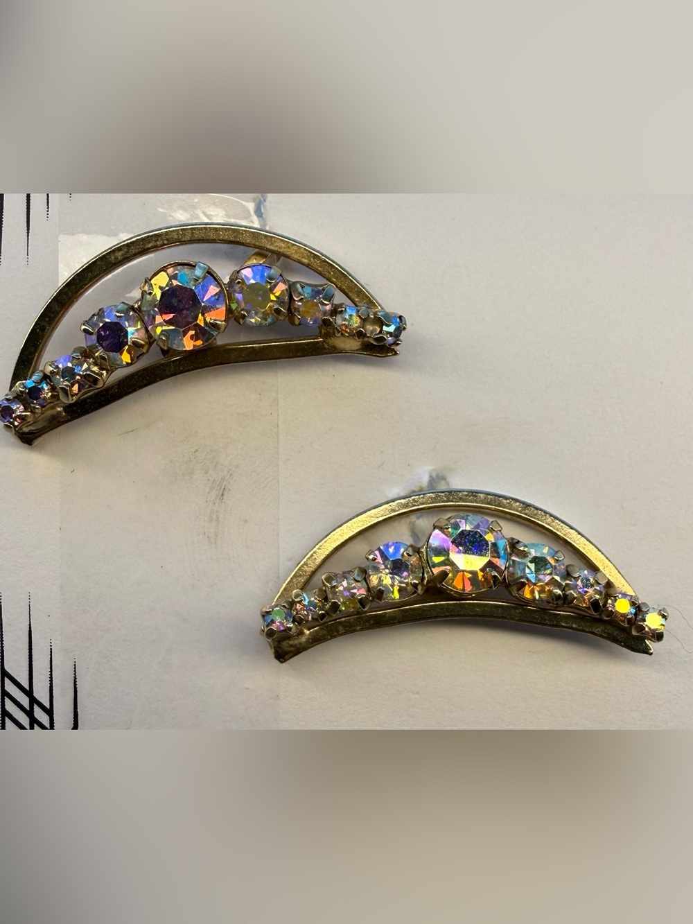 Vintage 1950s Gold Tone Aurora Borealis Rhinestone Crescent Screw Back Earrings